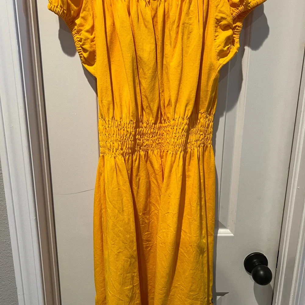 Yellow Mexican theme embroidered flowers Off-Shoulder Puff Sleeve Sundress sz xl - Picture 4 of 11